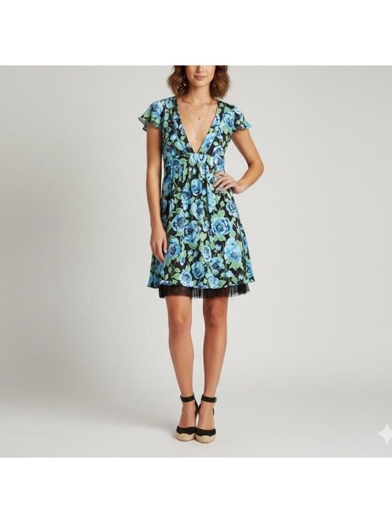 Free People Dresses & Skirts - Free People Size 4 Blue Floral Silk Flutter Sleeve V-Neck Coquette Mini Dress